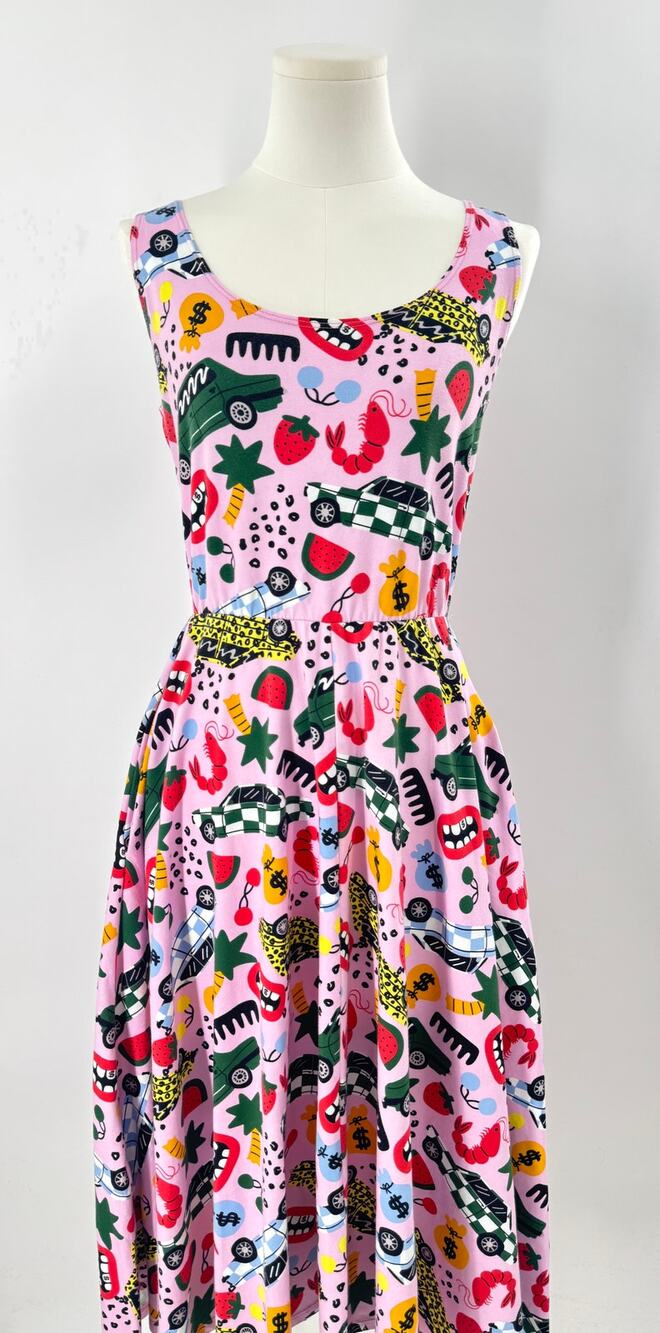 Nooworks The Rollout Print Dress Pink Sleeveless Whimsical Fun Large L NWT